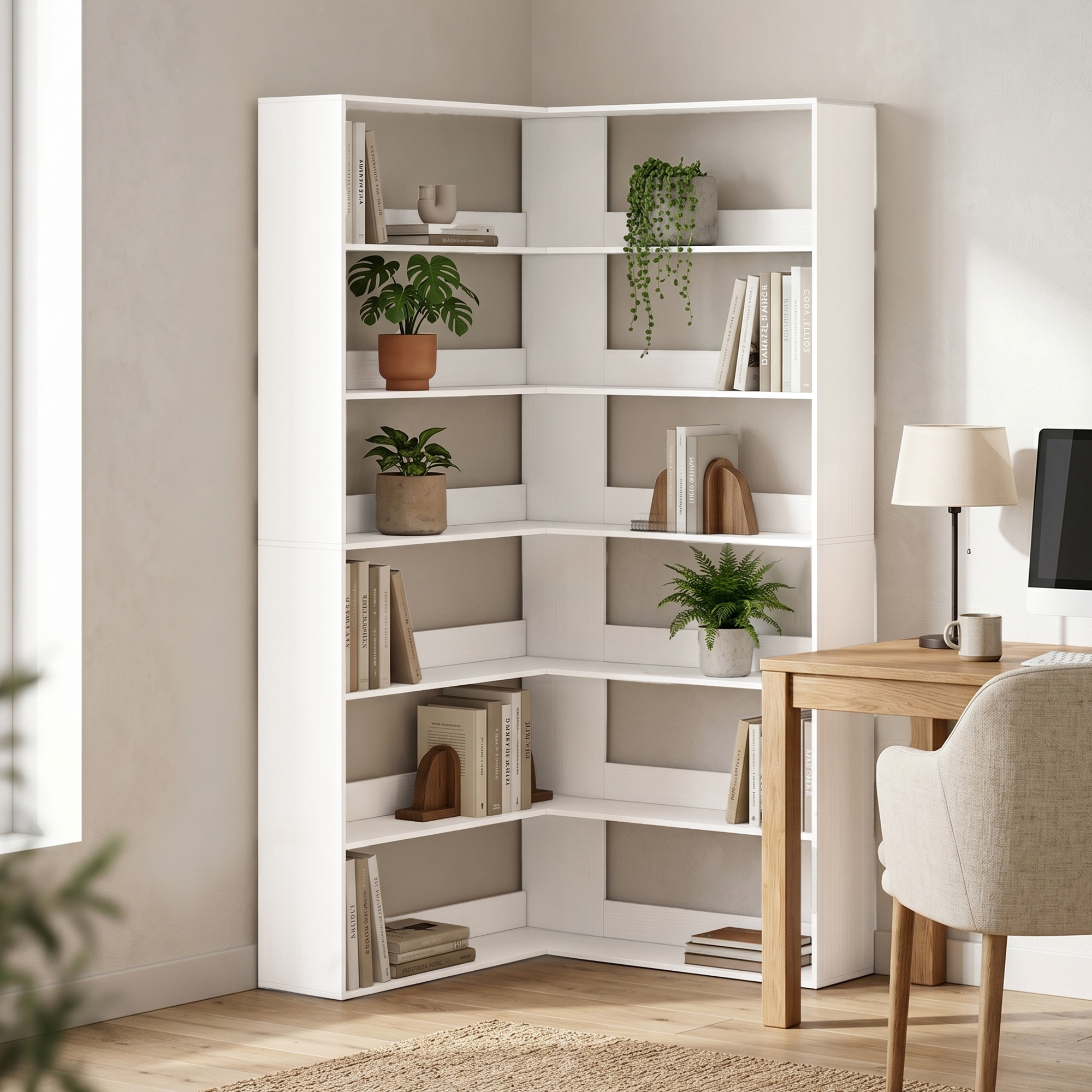 Homcom Scaffale con 7 Ripiani, Scaffale Angolare a L con Protezione Posteriore Antiscivolo, Bianco Effetto Legno   Aosom Italy
