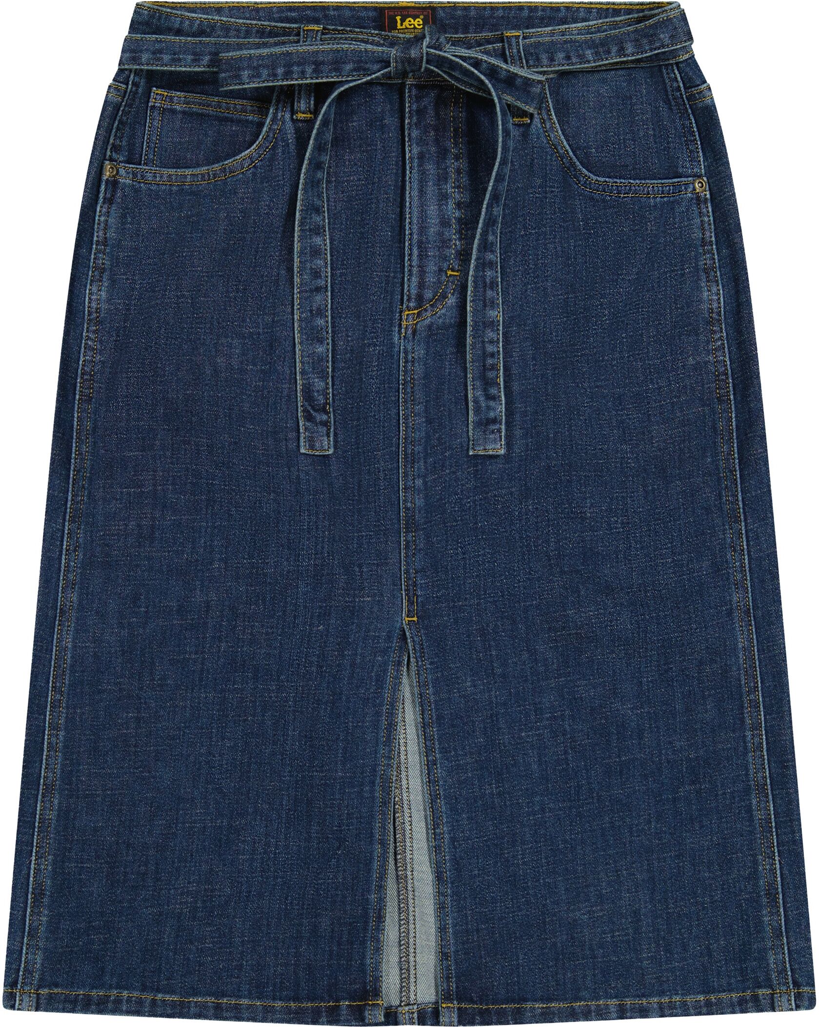 Jeansrock LEE "Lee Jeansrock Midi With Bow", Damen, Gr. 27, blau, Obermaterial: 69% Baumwolle CO. 20% Baumwolle CO recyc.. 11% Elastomultiester ELE., Röcke Jeansrock blau 27