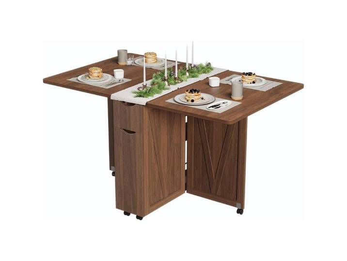 TABLE A MANGER-Table à Manger Pliante avec Rangement Table à Manger Extensible à 6 Roulettes Table de Cuisine Moderne Noyer