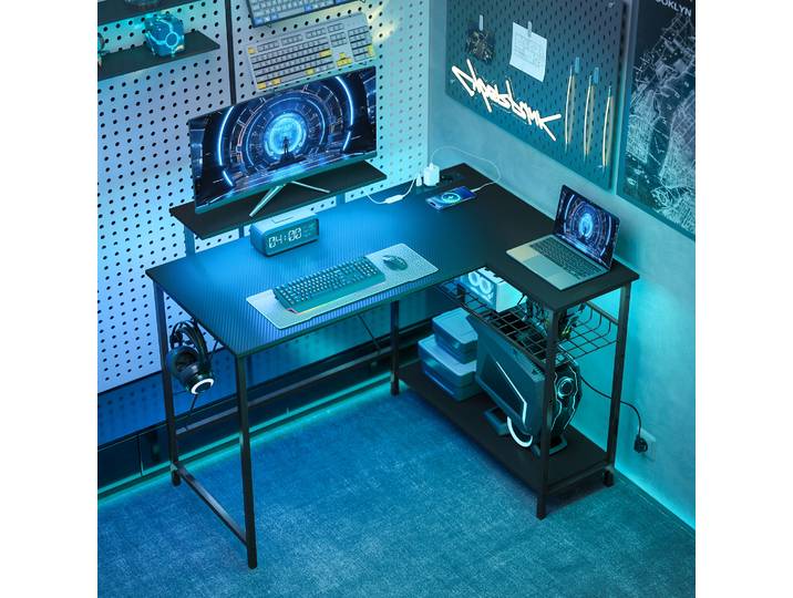 HOMCOM Bureau Gaming Angle LED Noir avec Prises et Étagère