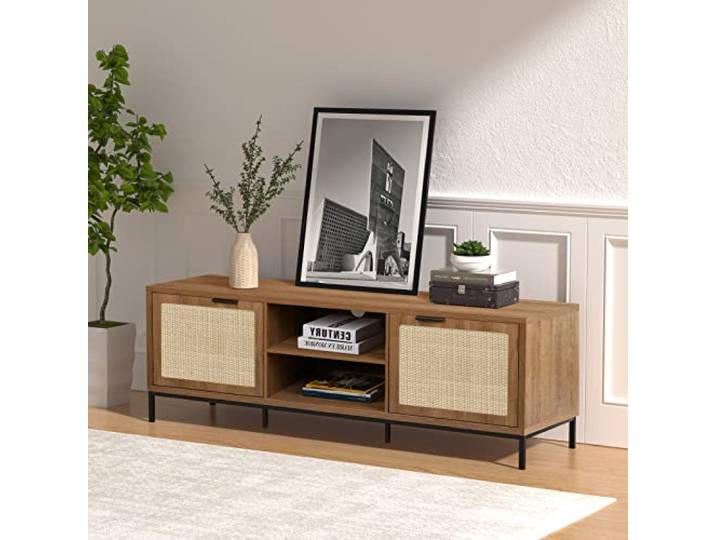 Yvsevnr TV Schrank für TV 65 Zoll, TV Lowboard, TV Möbel mit 2 Türen, 2 offenen Fächern, 150 cm Lang, TV Möbel, Fernsehschrank Holz TV Board für Wohnzimmer, Schlafzimmer, Landhausstil