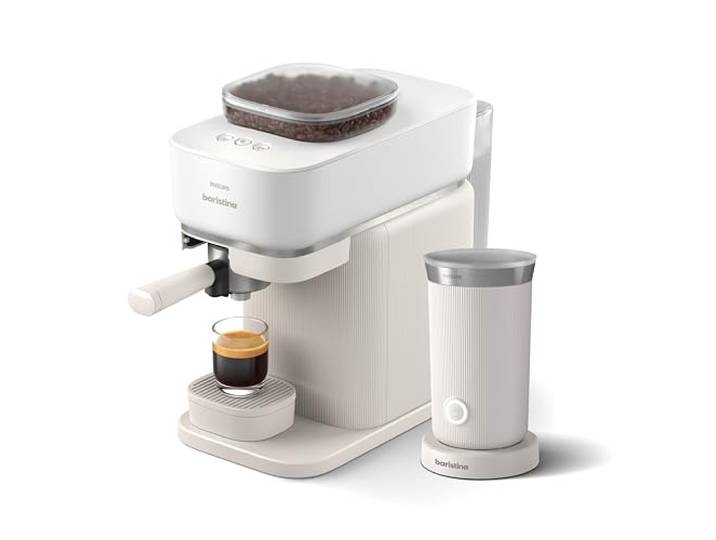 PHILIPS Baristina Espressomaschine mit Milchaufschäumer, Weiß, 16 Bar Automatisch mit Mahlwerk & Siebträger, leichte Reinigung, 16 Bar (BAR303/00)
