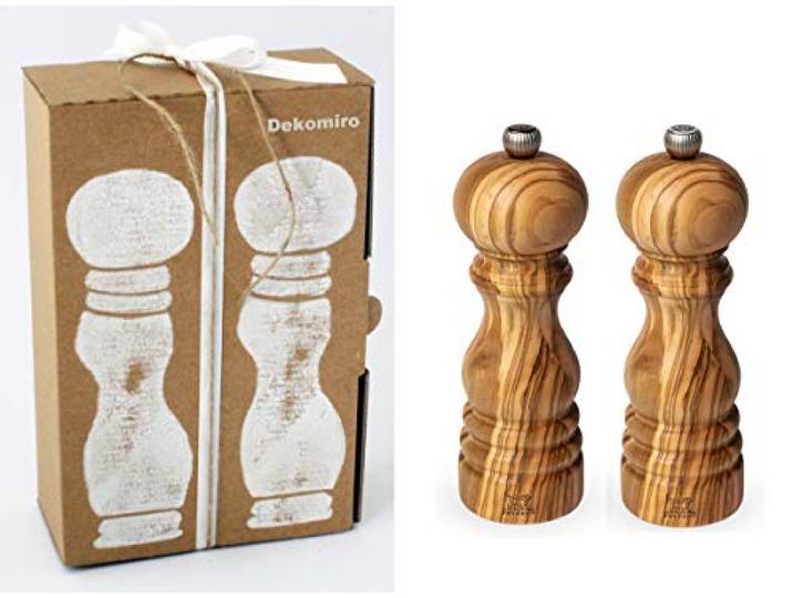 Dekomiro Peugeot Paris Set Olivenholz 18 cm Pfeffermühle und Salzmühle mit 100 gr. Salz Geschenkverpackung (18 cm)