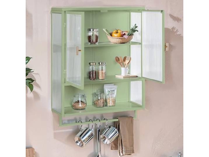 Switdo Hohlräume Schrank grün 60x25x75cm Wandmontage Regalabteile Schwarzer Wandschrank mit Glasfronten und drei Ablagen