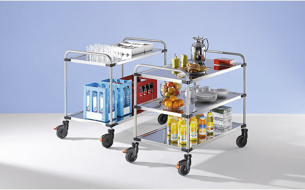 kaiserkraft Edelstahl-Tischwagen VARITHEK SERVO+, LxBxH 1070 x 670 x 950 mm, Ladefläche 1000 x 600 mm, 2 Etagen, Tragfähigkeit 120 kg