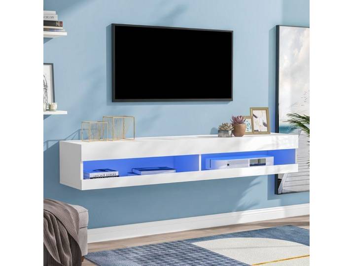 Meuble TV Mural Blanc pour Centre de Divertissement avec LED 140cm Banc TV Suspendu avec Gestion des Câbles