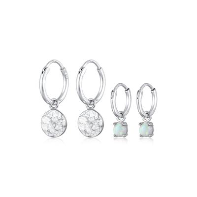 Ohrstecker-Set ELLI "Ohrringe Creolen Plättchen Opal Edelstein 2er Set 925 Silber" Gr. 22, silber, Ohrringe, Damen, 22,mit Stein, Silber 925 (Sterlingsilber)