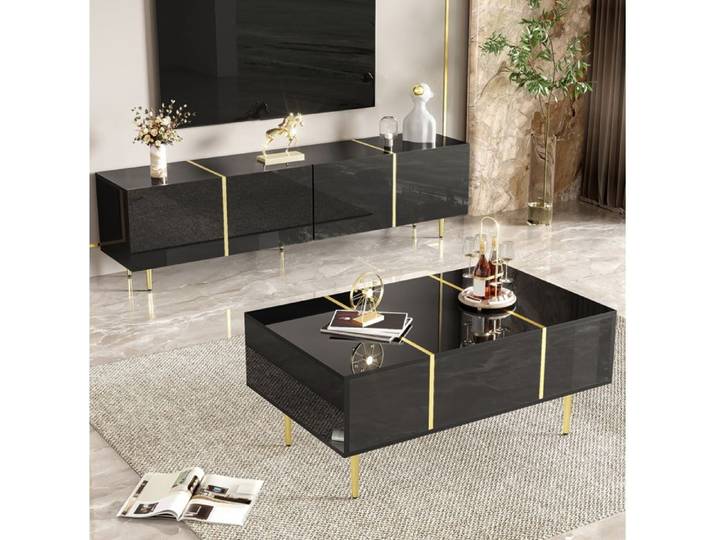 Ensemble meuble TV et table basse noir brillant avec rangements