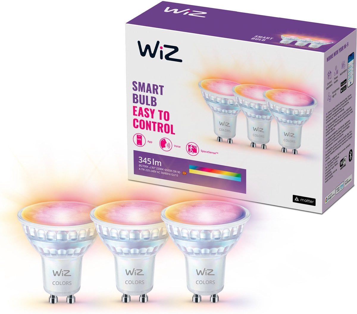 WiZ Spot 3-pack Slimme LED Verlichting GU10 50W Gekleurd en Wit