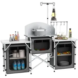 Campingküche klappbar, Outdoor Küche mit Windschutz, 3 Schränkfach