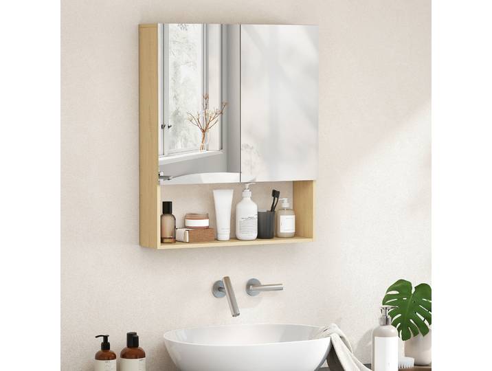 HOMCOM Armoire Murale Salle de Bains Chêne avec Miroir
