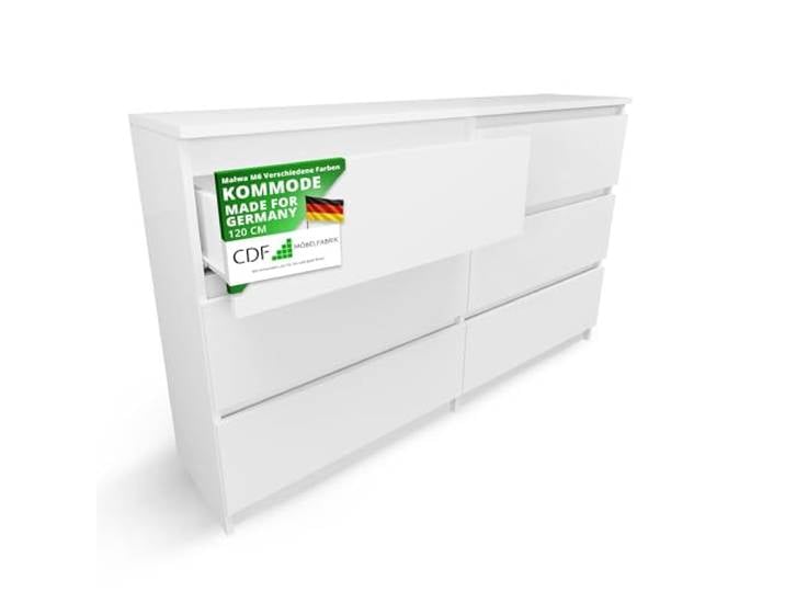 CDF Kommode mit 6 Schubladen 30x120x75 cm für Schlafzimmer Kommodenschrank 30 cm Tief - Kommode & Sideboard - Weiß - Schubladenschrank Modern viel Stauraum für Wohnzimmer Flur