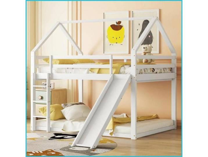 Litera Maison Enfants 140x200cm Blanc – Avec Toboggan & Échelle