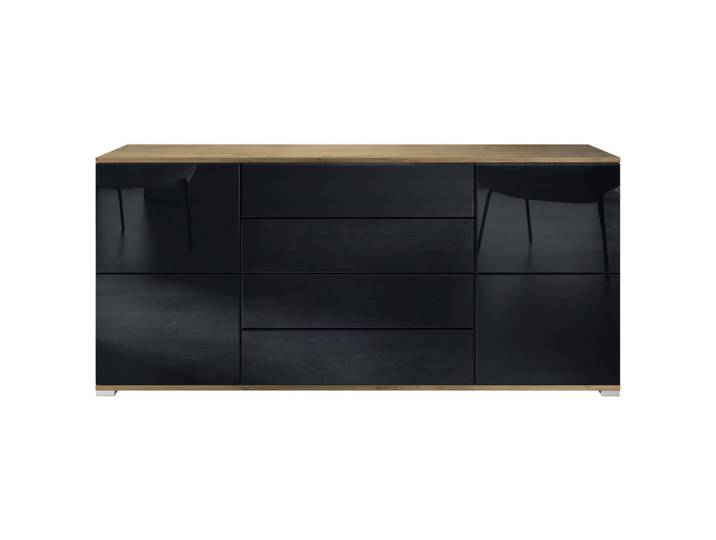 Vladon Sideboard Rova Schwarz Hochglanz, 166.5x75.5x35 cm, Kleinmöbel, Kommoden, Sideboards