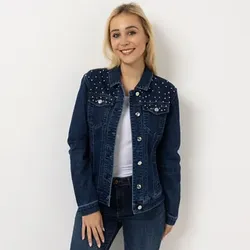 VIA MILANO Jeansjacke Knopfleiste 28% REPREVE®Fasern Perlen-Details