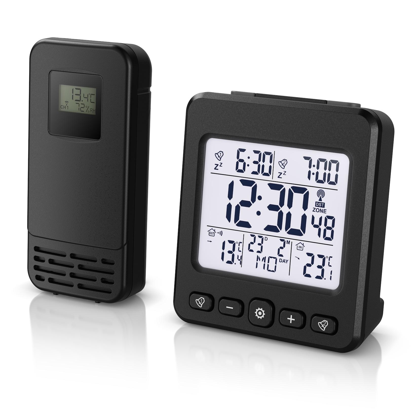 BEARWARE, Funkwecker mit Temperaturanzeige, Außensensor, 2 Alarme, Datum, schwarz