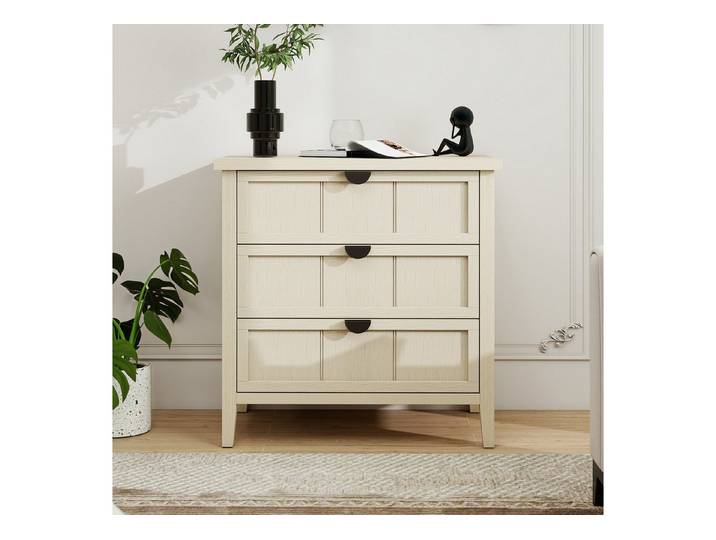 Odikalo Kommode Beistellschrank in Naturholzoptik Geeignet für Wohnzimmer Beige (dreischubladiger Stauraumschrank mit Liniengravur)