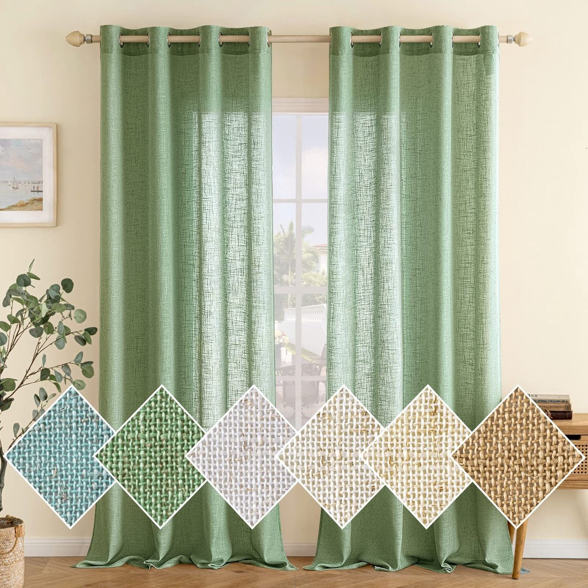 Omgoods Set van 2 Semi-Transparante Linnen Gordijnen, Groen, B: 140 cm, H: 215 cm