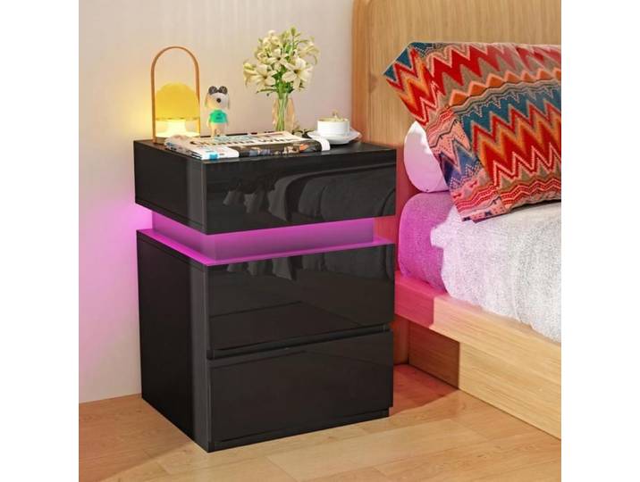 Table de Chevet LVHCMFOHM 3 Tiroirs Table de nuit Brillante Noir Chevet avec LED 40x35x55 cm