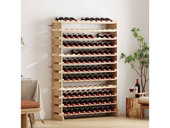 DlandHome Weinregal für 120 Flaschen, 110 x 35 x 140 cm, Weinregal, modular, Halterung für Flaschen, aus massivem Kiefernholz