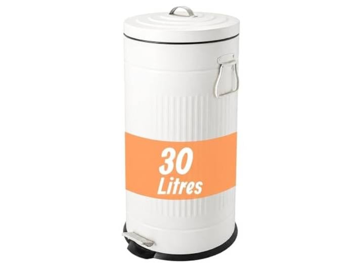 Relaxdays Poubelle\, blanche 30 l\, cuisine\, seau intérieur amovible\, pédale\, fermeture douce\, métal\, rétro