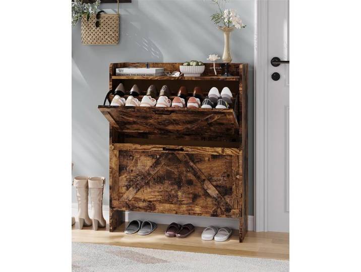 Meuble à Chaussures avec 2 Tiroirs Rabattables Style Rustique Meuble de Rangement Étroit à Chaussures 24 Paires pour Entrée Brun