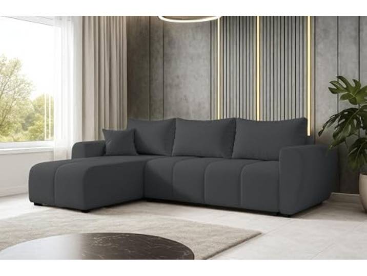 AXLIVING Eckcouch mit Schlaffunktion Malatya L Mini Sofa Dunkelgrau L Liegefläche: 140 x 200 cm. Sofa mit Schlaffunktion und großem Bettkasten. Maße: Breite 246 cm, Höhe 80 cm, Tiefe 145 cm.