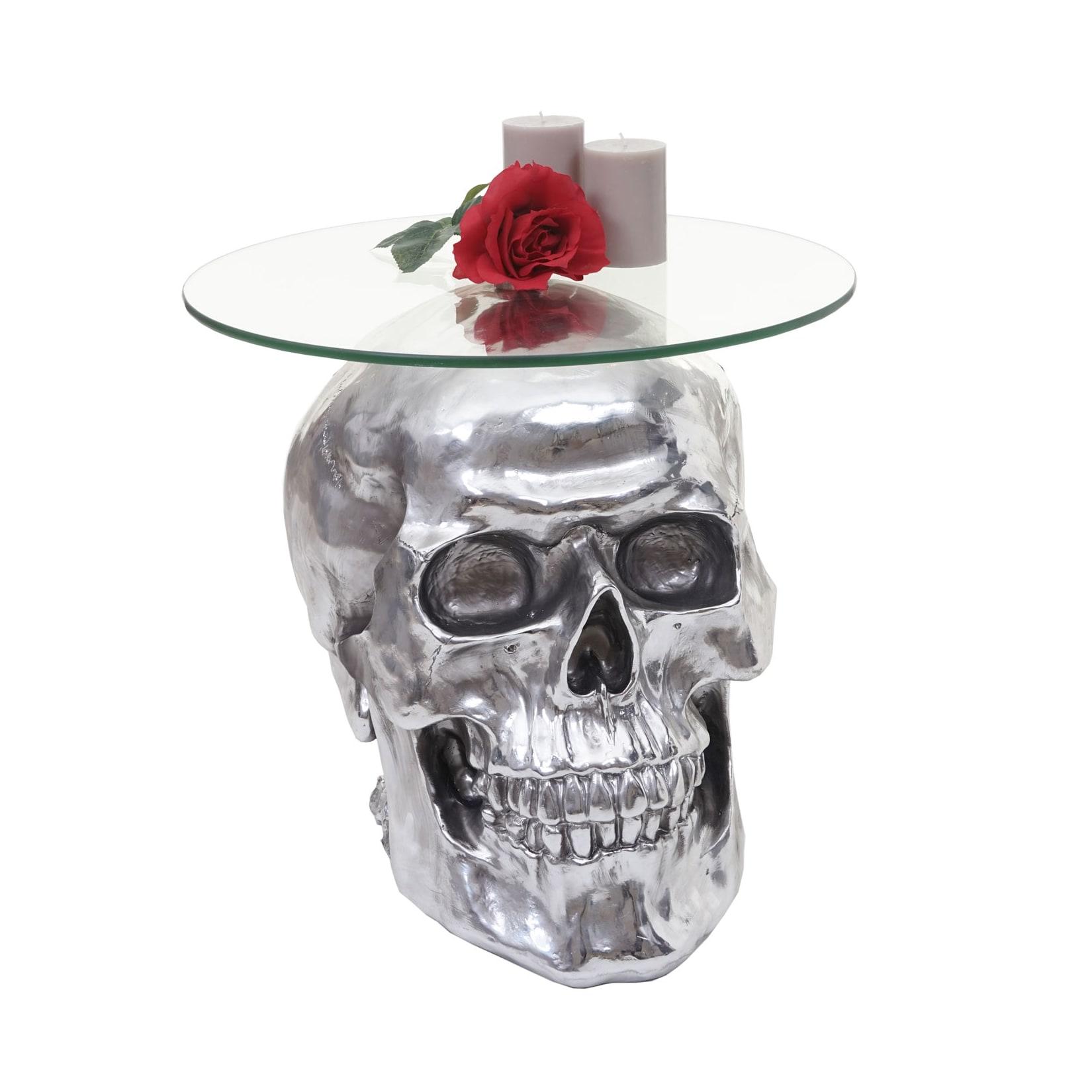 Beistelltisch Totenkopf MCW-A19, Polyresin Glastisch Wohnzimmertisch, silber 52x55x55cm