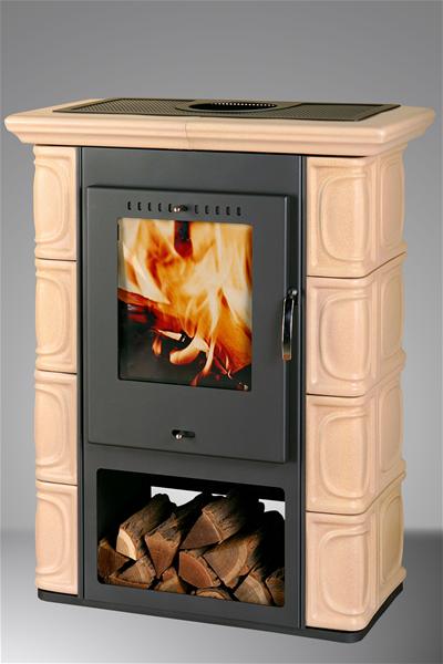 Kaminofen Thorma Augsburg Stahl schwarz / Kacheln cappuccino 7kW