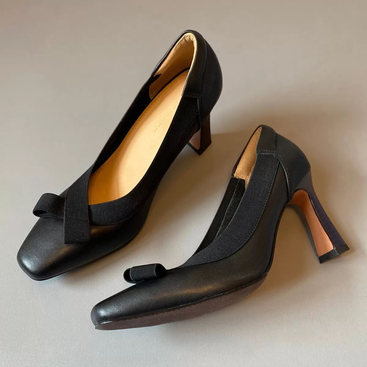 INF Retro-Stil 8cm High Heel Schuhe - Bowknot Square Toe Weiche Lederpumps Schwarz 38