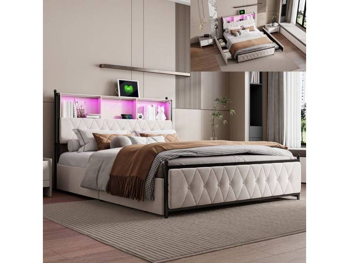 Lit 160x200 cm - LED - USB - tissu en Velours - lit 160x200 cm - beige