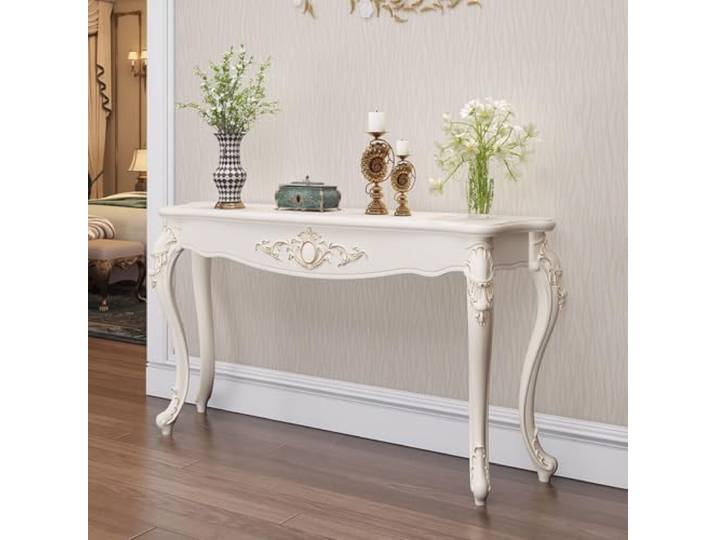 Konsolentisch Schmal Flurtisch Robust Beistelltisch Wandtisch für Flur Sofatisch hinter Sofa, Dichte Faserplatte, Moderner Flurmöbel für Wohnzimmer, platzsparend(White+Gold,L120cm/47.2in)