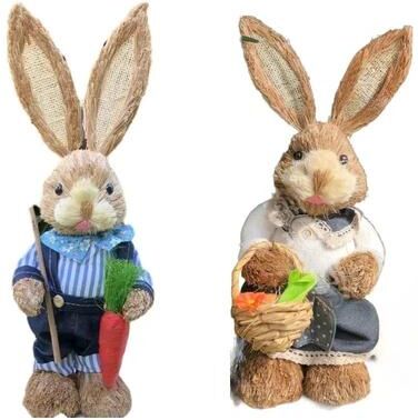 Uplifted Goods Handcrafted Standing Easter Bunny Cattail Ornament setb 2pcs