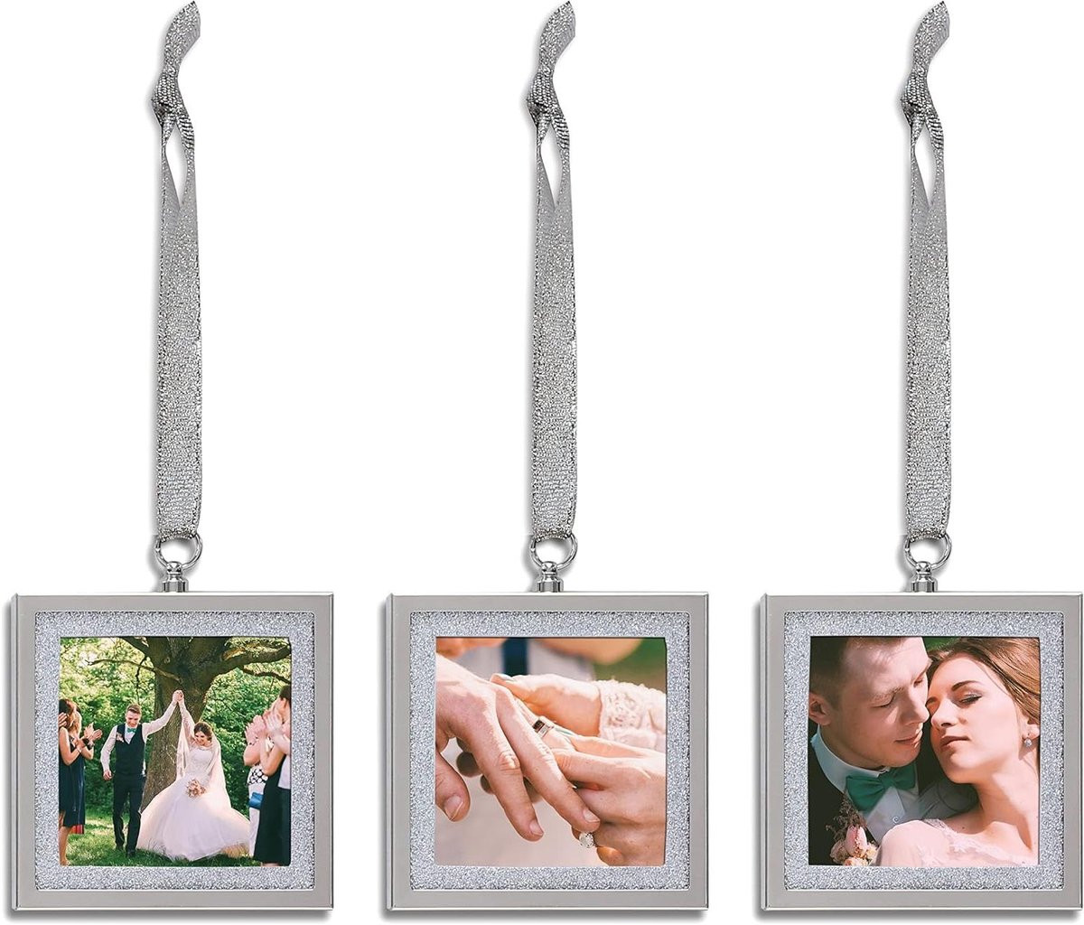 Set van drie zilveren fotolijsten met glitter ornament voor decoratie, 3x3 inch