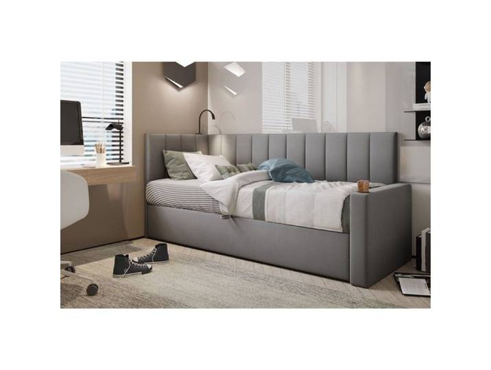 Lit Boxspring 80x200 cm TOKIO avec matelas ressorts intégré et rangement - gris - droit - lit enfant lit ados