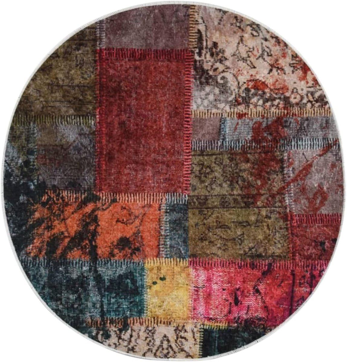 Wasbaar Patchwork Vloerkleed met Antislip Achterkant - Rond - Veelkleurig
