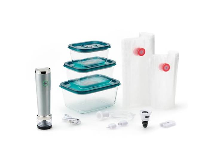 Solis Vac Stick Typ 5707 Starter Set Hand-Vakuumierer, 13 W 3 Vakuumbehälter (370 ml / 700 ml / 1300 ml), Weinflaschenverschluss, Borosilikatglas, Edelstahl/Kunststoff