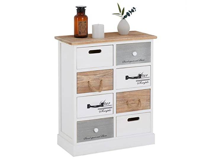CARO-Möbel Kommode Salva im Vintage Look mit 8 unterschiedlichen Schubladen, Shabby chic Schubladenschrank, weiß lasiertes Standregal