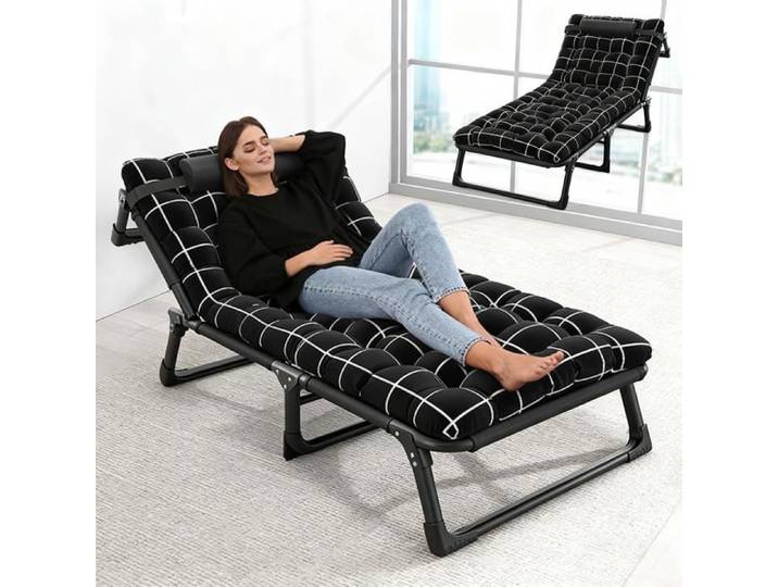 Chaise Longue pliante Transat pliant et inclinable Appuie-tête et Coussin Amovibles Structure en Acier