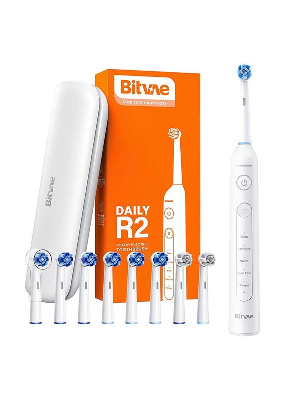 Bitvae Elektrische Zahnbürste Rotary toothbrush with tips set and travel case R2 (white)