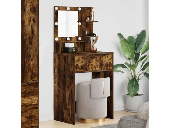 Schminktisch für Schlafzimmer, rauchfarbene Eiche, 60 x 39,5 x 135 cm Spiegel mit kaltweißen LED-Leuchtmitteln, Kugelschubladen, Regalen, kabelloses Laden, Technikholz