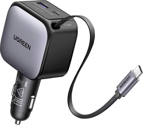 UGREEN EC603 90W Car Charger Kfz Ladegerät 90W 2x USB-C, 1x USB-A Grau KFZ, LKW aufwickelbares USB-C-Kabel