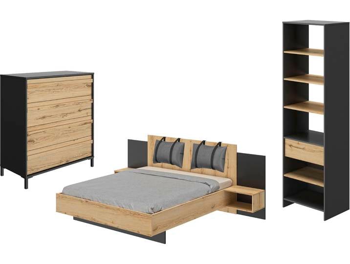 Schlafzimmer-Set GAMI Mimizan , braun (schwarz – eiche helvezia), B/H: 160cm x 200cm, Schlafzimmermöbel-Sets