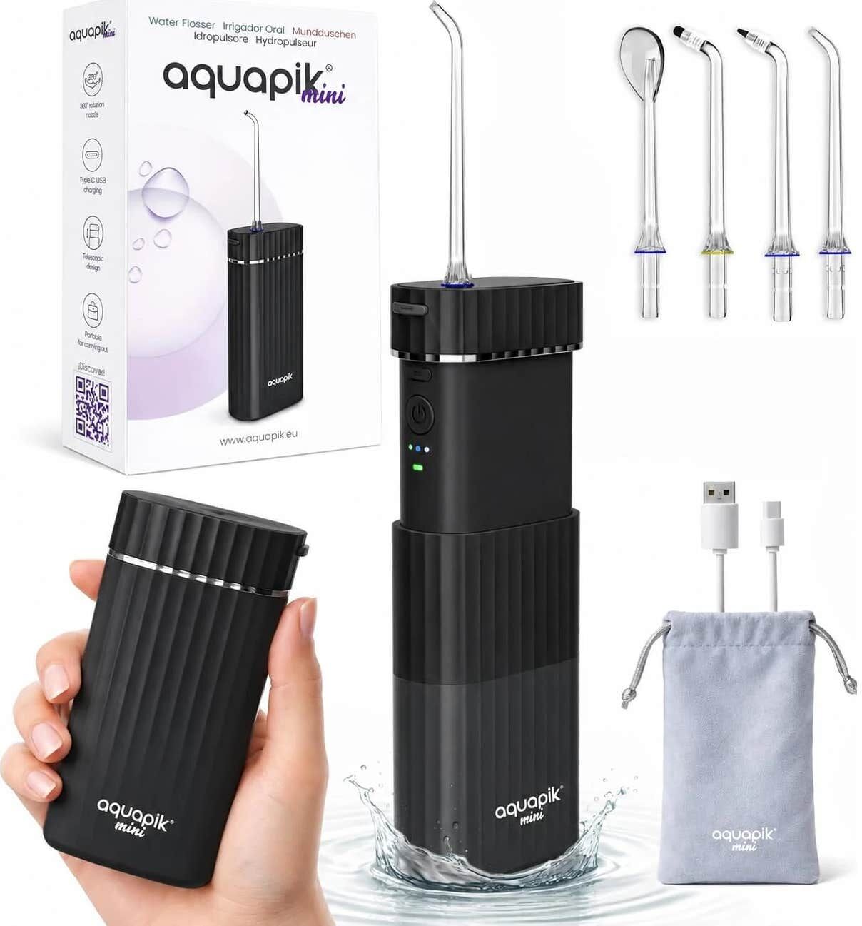 AquaPik Mini Irrigador Bucal Portátil Viajes Carga USB Negro 1 ud