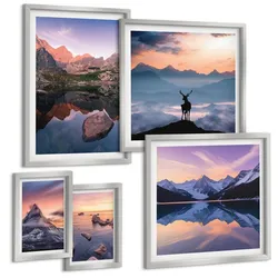BILDER SET 5er Set - 50x50 cm & 20x30 cm & 40x60 cm Silberner Rahmen - Landschaften Berge Seen jelen