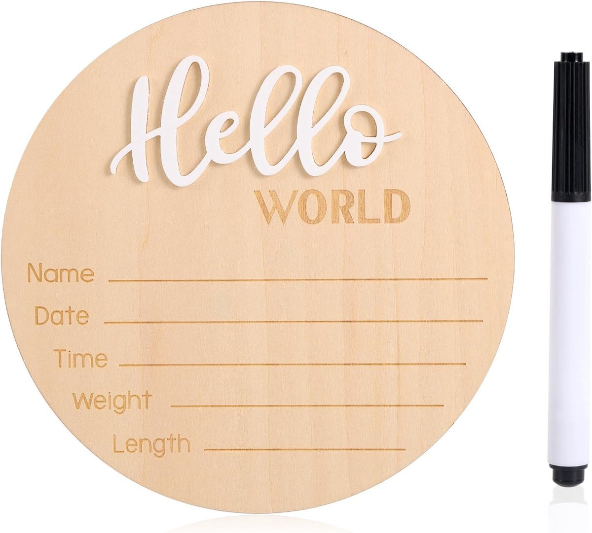 Houten Welkomstbord Hello World voor Pasgeborenen met Pen, Wit, 15 cm