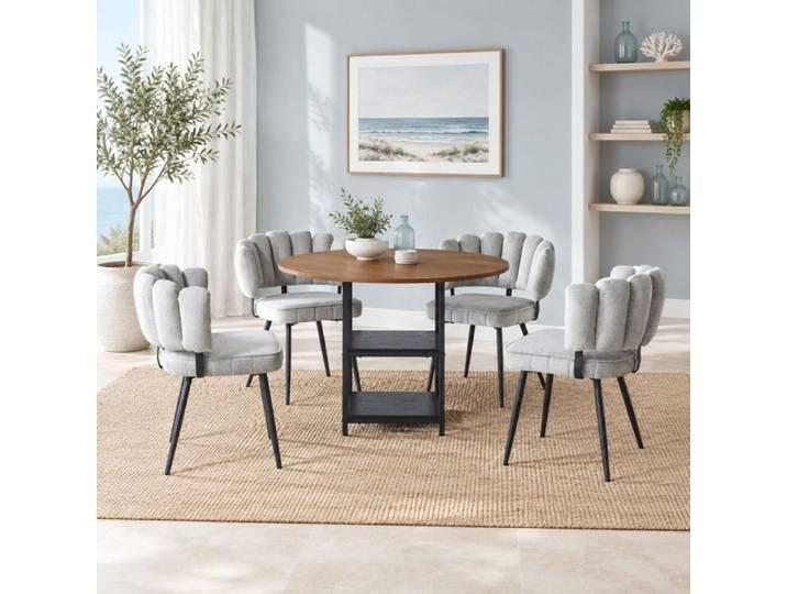 ROVRYN Ensemble table et chaises 4 personnes table à manger ronde 107 cm avec rangement tissu gris