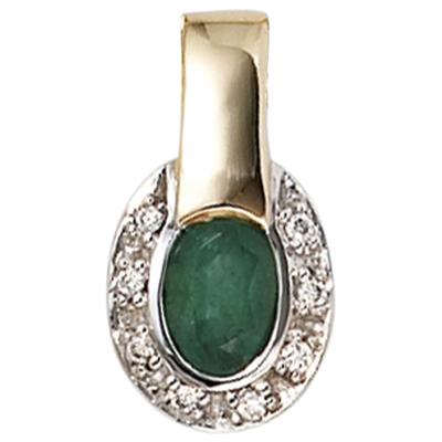 Kettenanhänger JOBO "Kleiner Anhänger oval", grün (gelbgold 585), Schmuckanhänger, Damen, SI = kleine Einschlüsse, Diamanten Gelbgold 585, Diamanten, Gelbgold 585, Kettenanhänger, 585 Gold mit Smaragd und 8 Diamanten