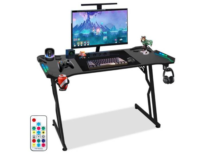 Bettizia LED Bureau Gaming 140 x 60 cm avec Porte-gobelet et Crochet pour Casque Table Gaming Noire