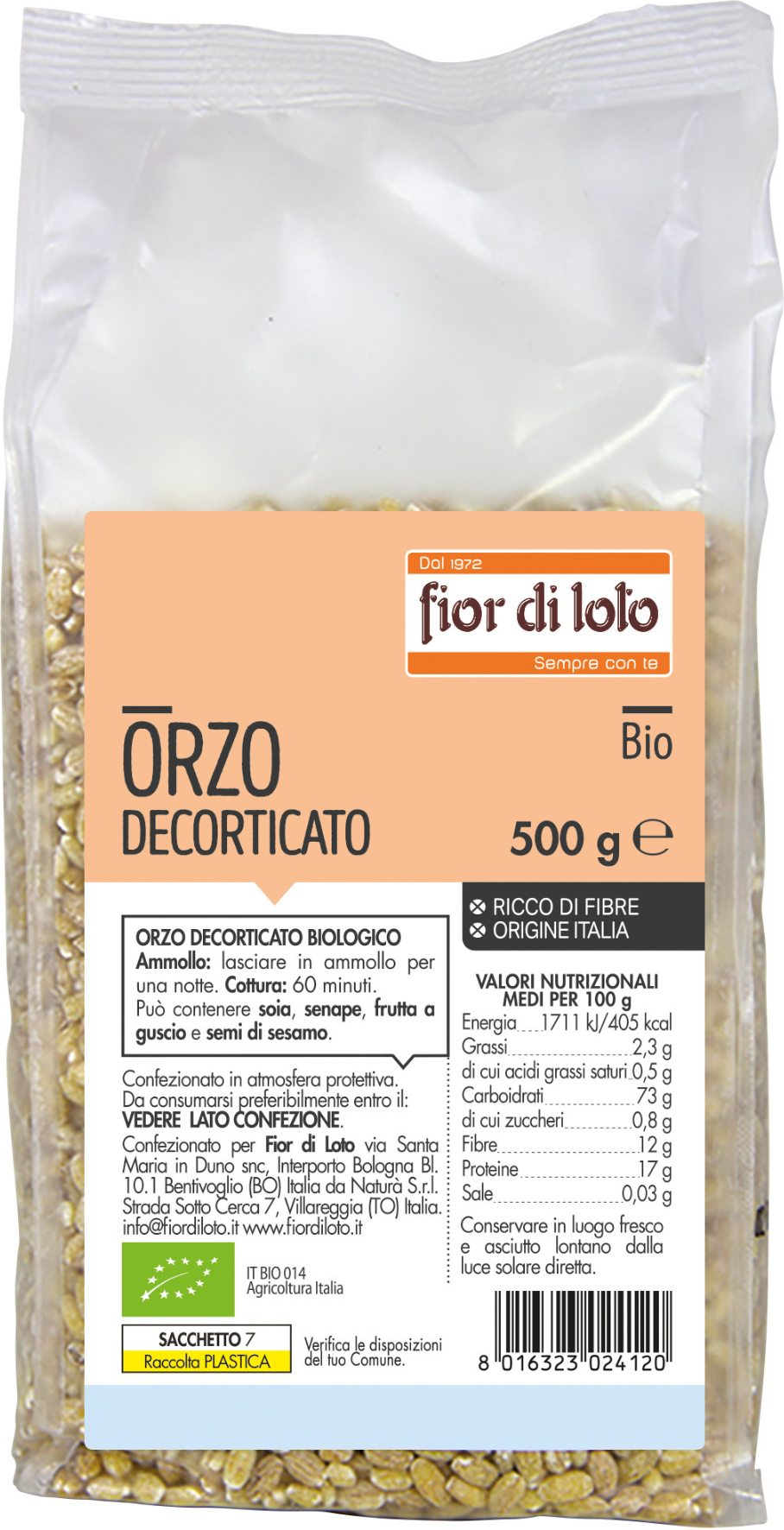 FIOR DI LOTO Cereali In Chicchi - Orzo Bio Decorticato 500 Grammi 